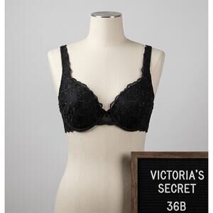 Vintage Victoria's Secret 36B Bra Black Embroidered Lace Pillow Push-Up VS